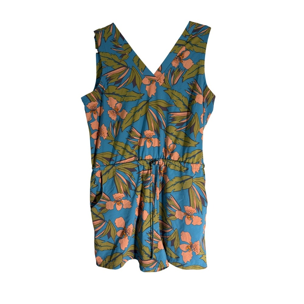 Toad&Co Sunkissed Liv Romper Blue Floral Tropical Sleeveless Pocket Large L